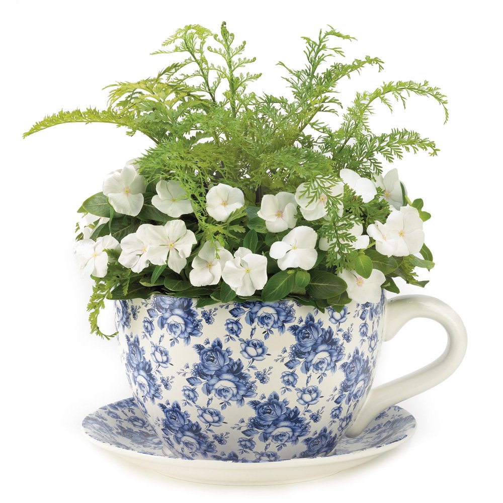 Blue floral teacup planter