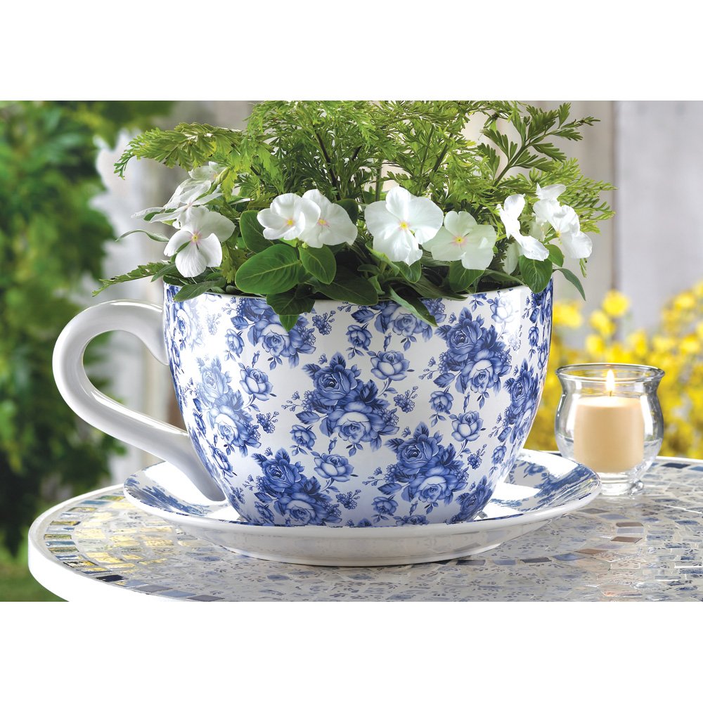 Blue floral teacup planter