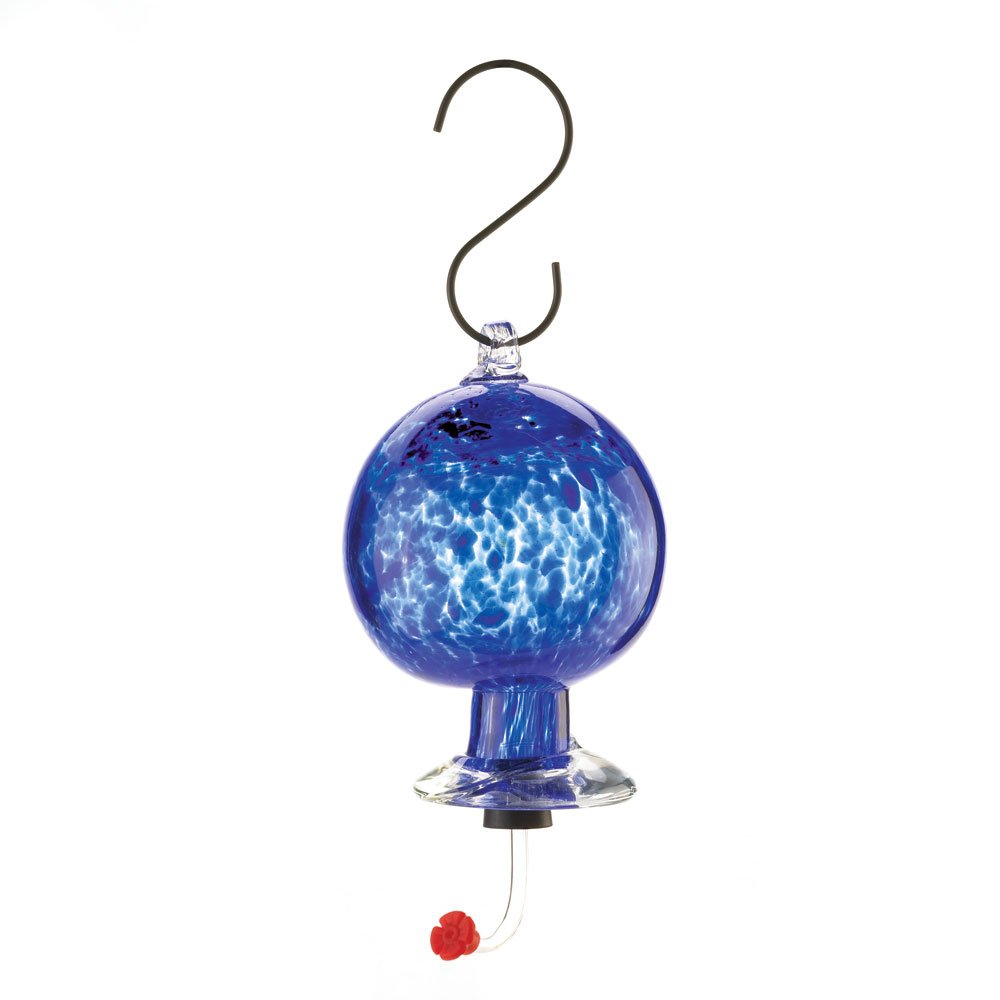 Blue glass hummingbird feeder