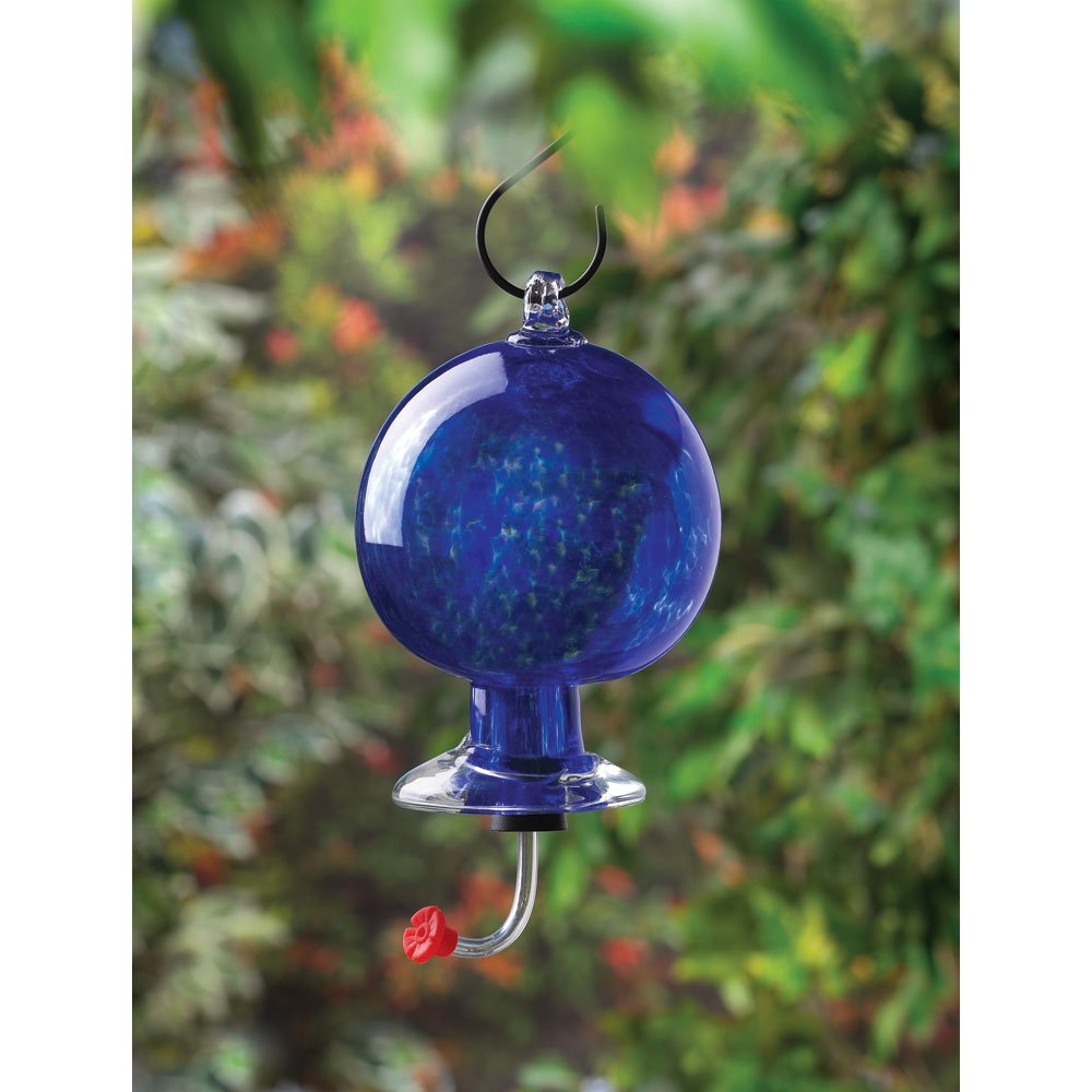 Blue glass hummingbird feeder