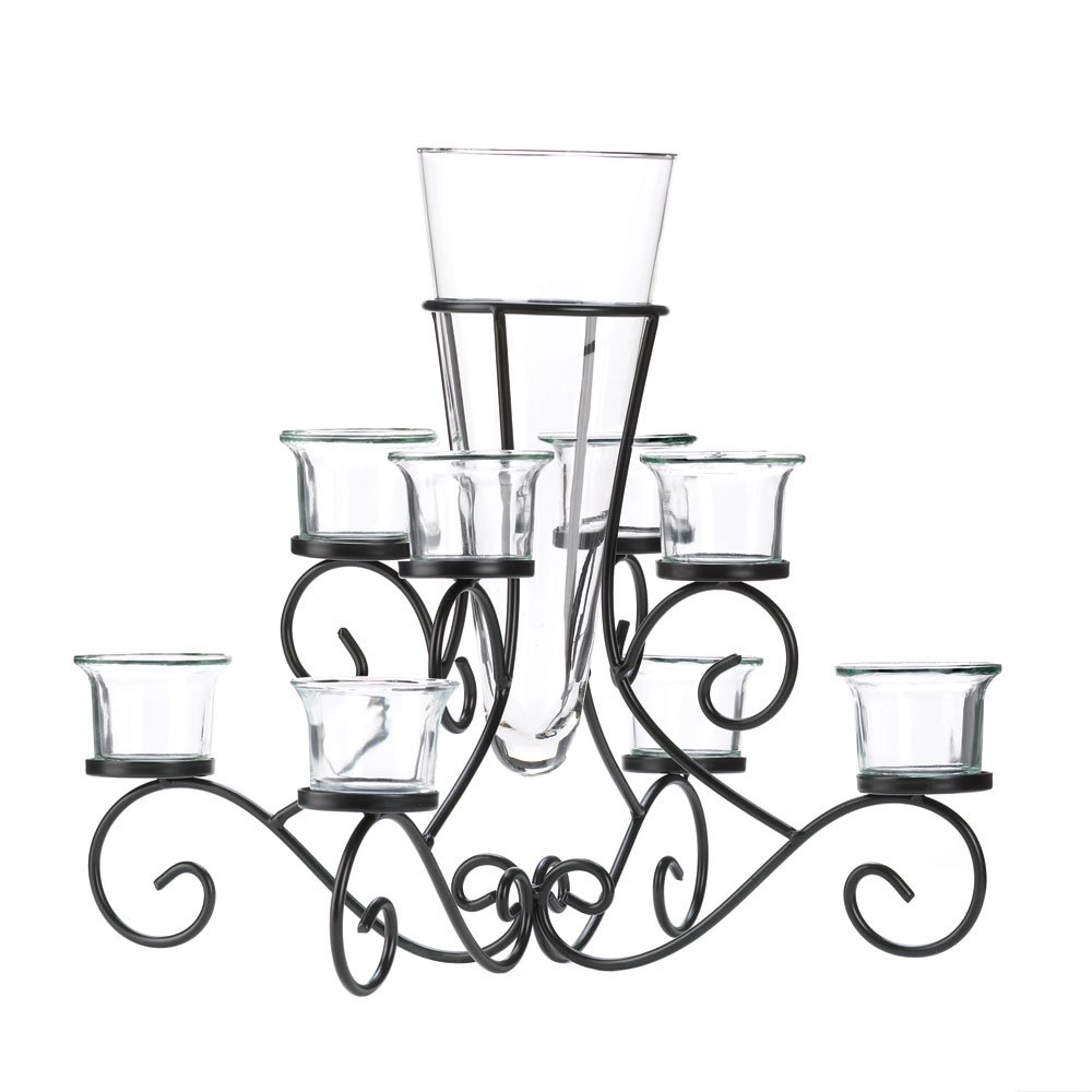 Scrollwork candle stand with vase