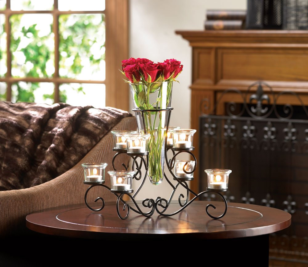 Scrollwork candle stand with vase